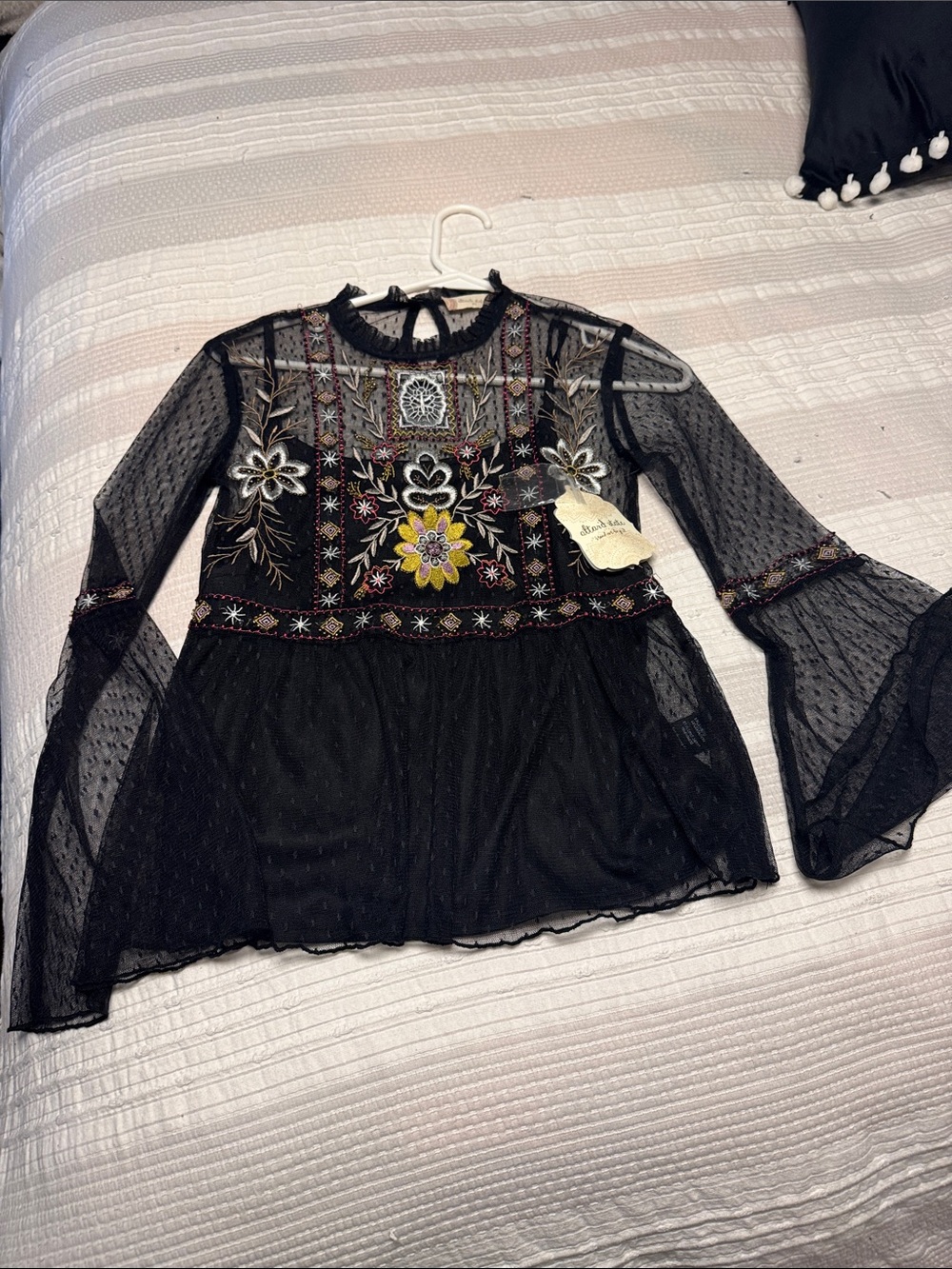 Altar'd State Black Sheer Embroidered Bell Sleeve Top